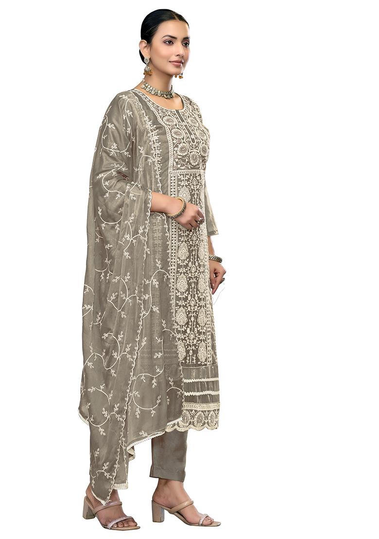 Light Grey Embroidered Viscose Dress Material - Indya