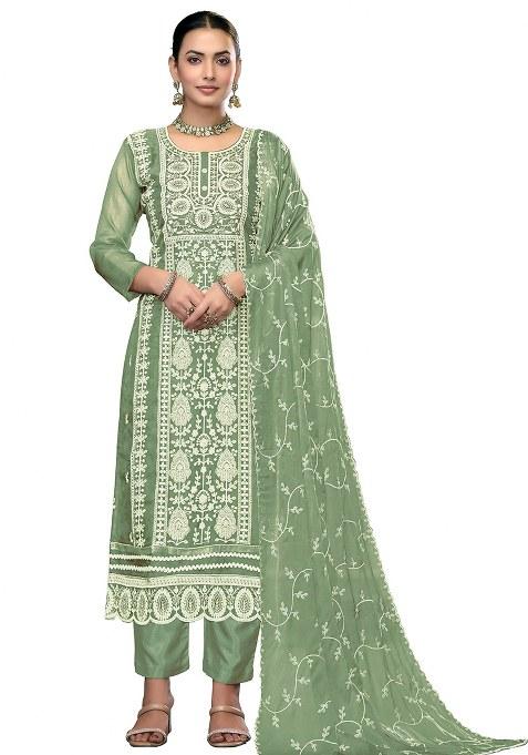 Pista Green Chikankari Viscose Pakistani Suit Set