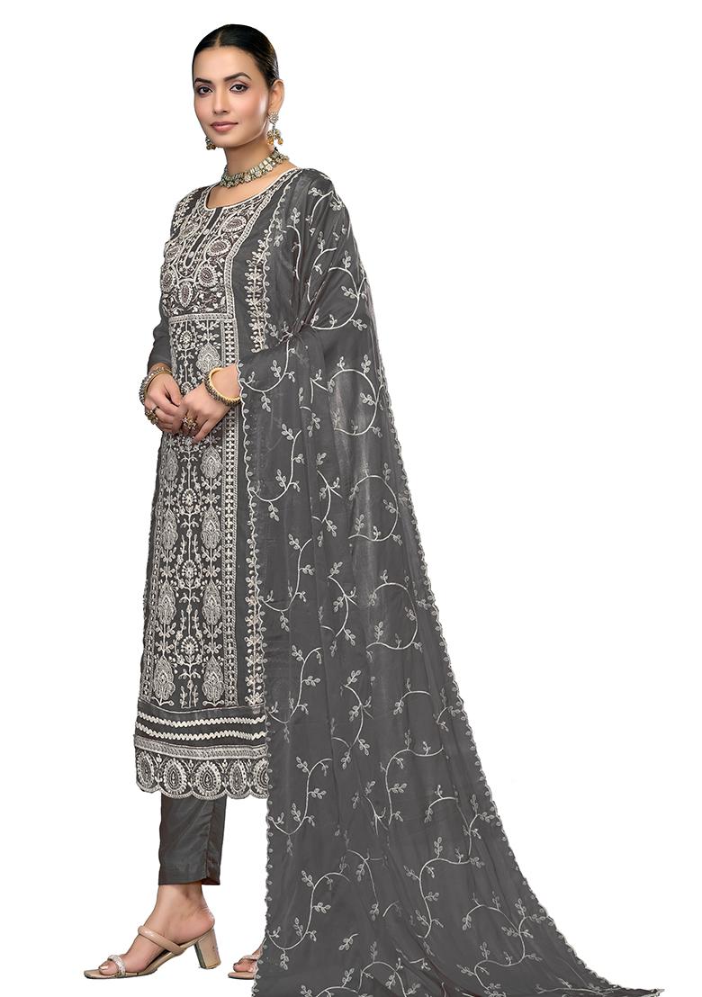 Dark Grey Embroidered Viscose Dress Material