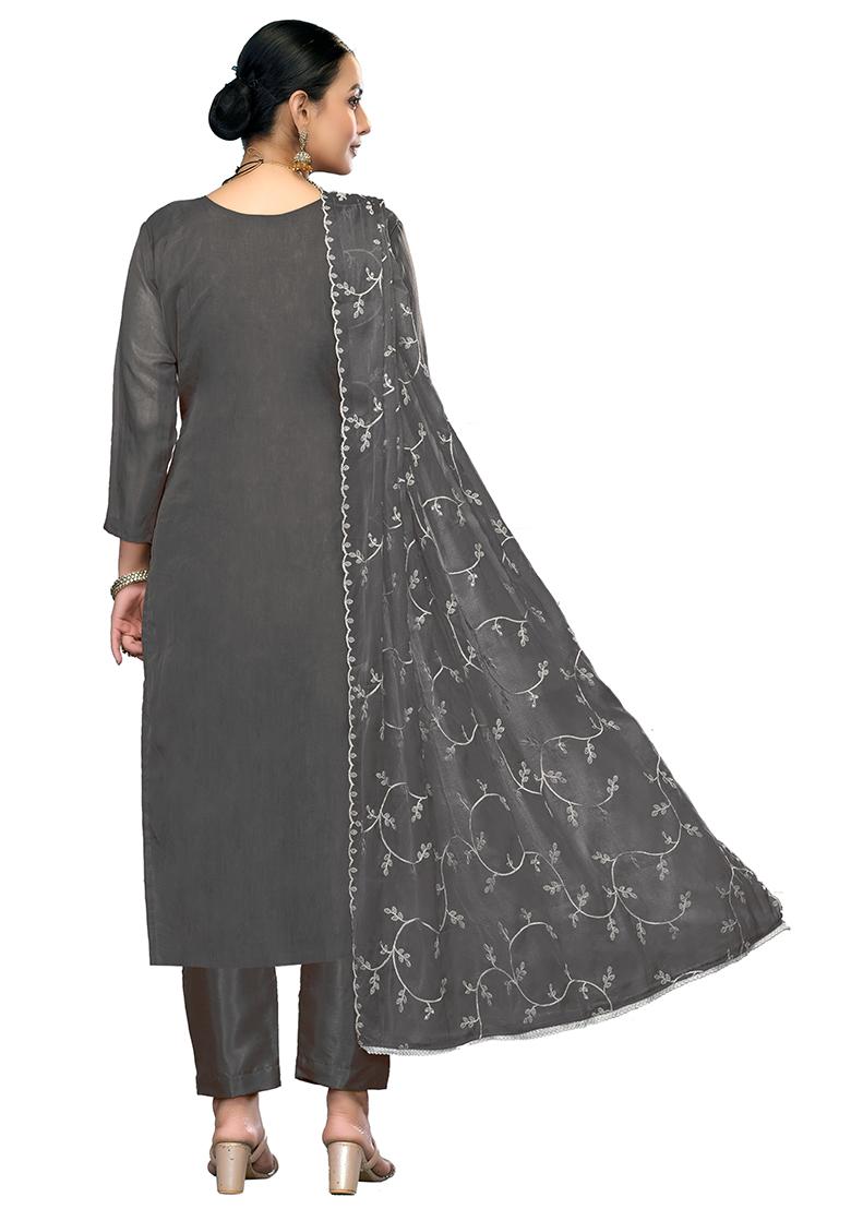 Dark Grey Embroidered Viscose Dress Material