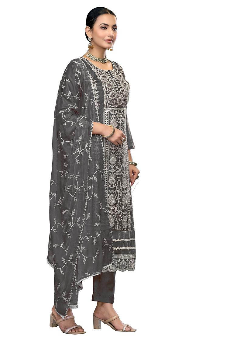 Dark Grey Embroidered Viscose Dress Material