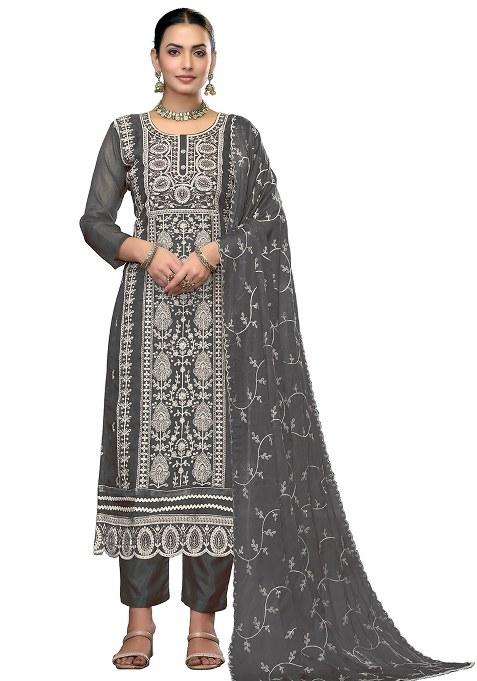 Dark Grey Embroidered Viscose Dress Material