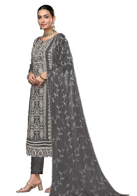 Dark Grey Embroidered Viscose Dress Material