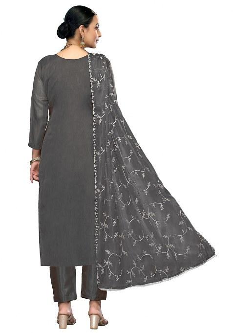 Dark Grey Embroidered Viscose Dress Material