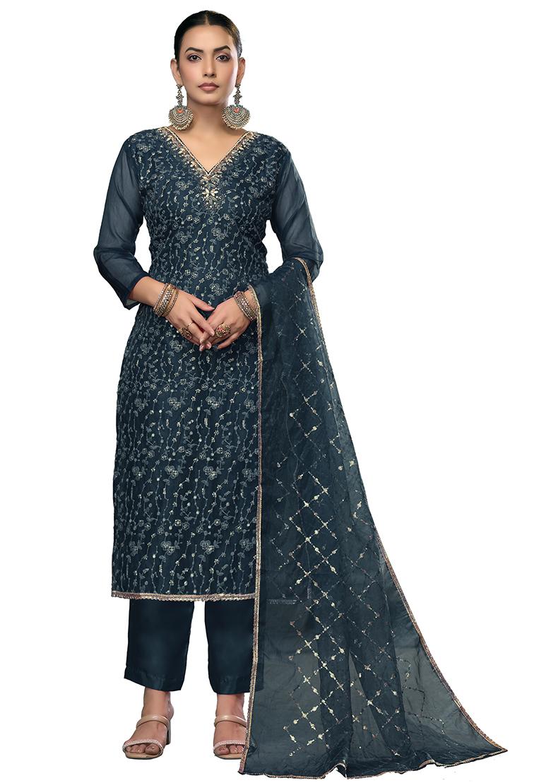 Teal Blue Embroidered Viscose Dress Material