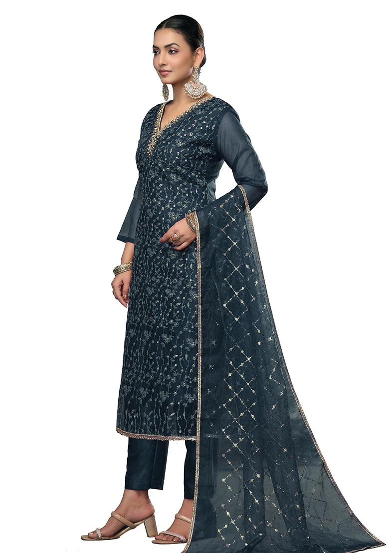 Teal Blue Embroidered Viscose Dress Material