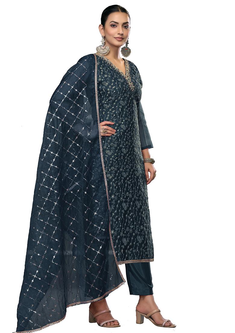 Teal Blue Embroidered Viscose Dress Material