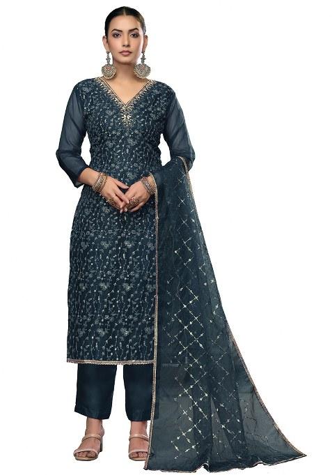 Teal Blue Embroidered Viscose Dress Material