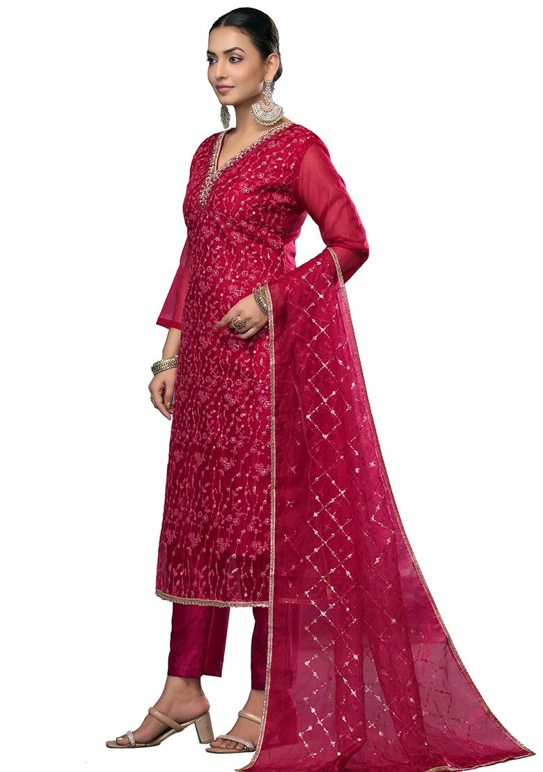 Maroon Embroidered Viscose Dress Material