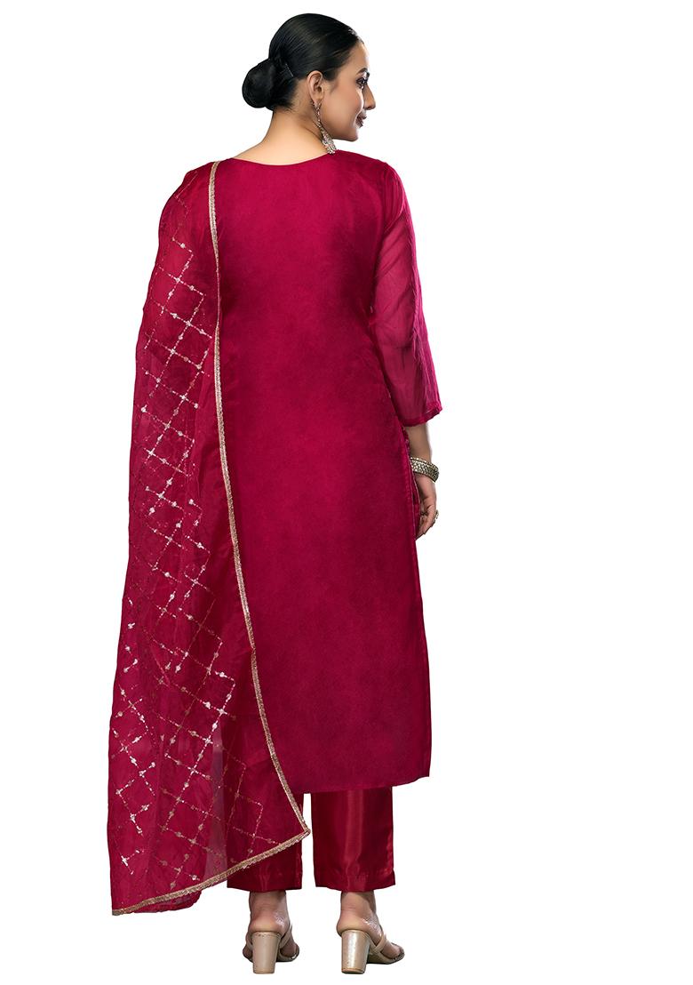 Maroon Embroidered Viscose Dress Material