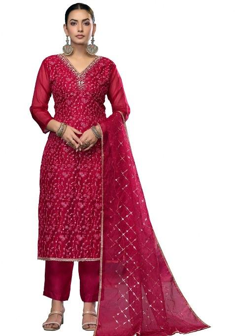 Maroon Embroidered Viscose Dress Material