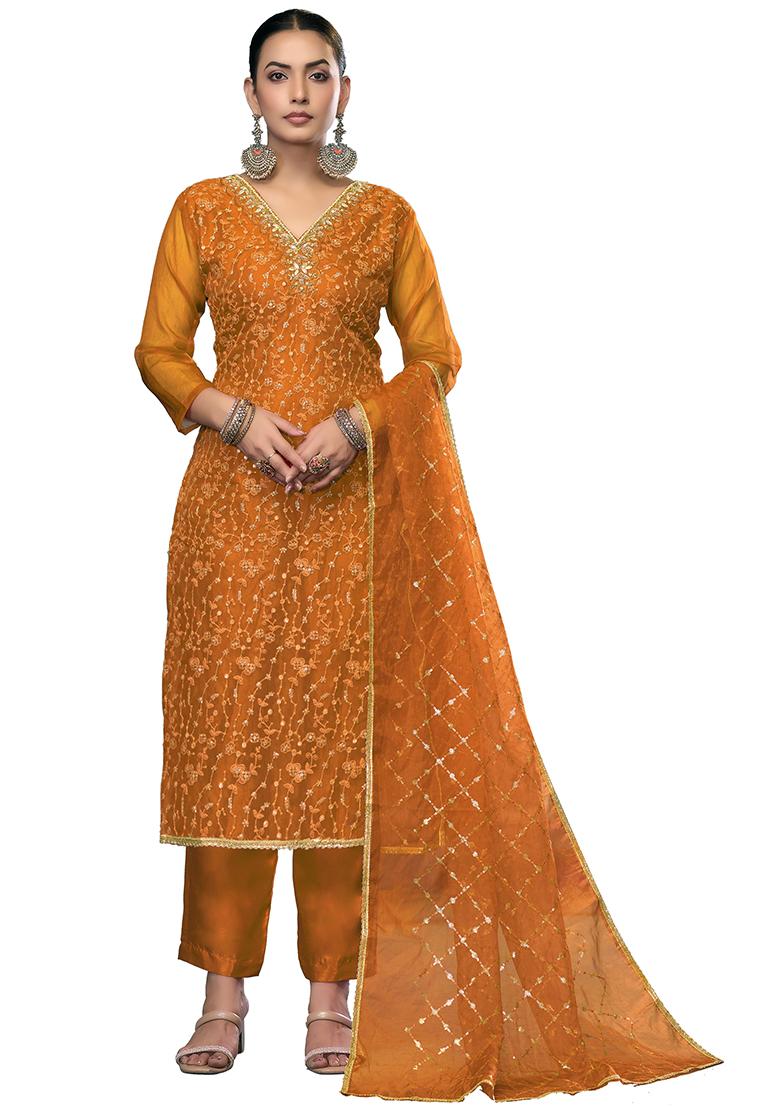 Yellow Embroidered Viscose Dress Material