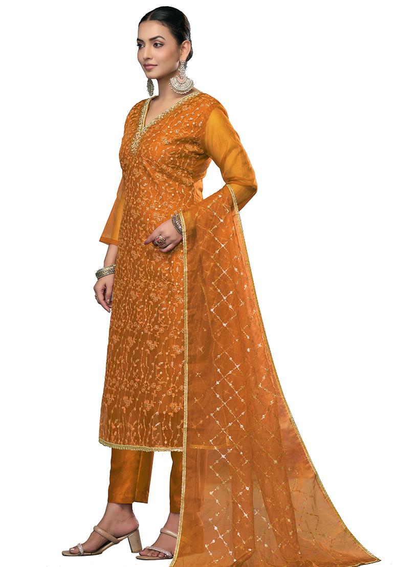 Yellow Embroidered Viscose Dress Material