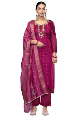 Magenta Embroidered Cotton Blend Dress Material