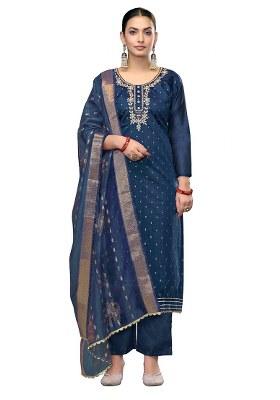Blue Embroidered Cotton Blend Dress Material