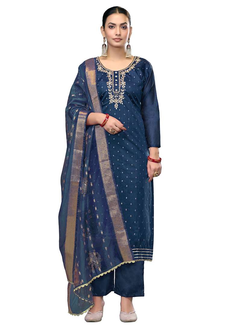 Blue Embroidered Blended Straight Kurta Set - Indya