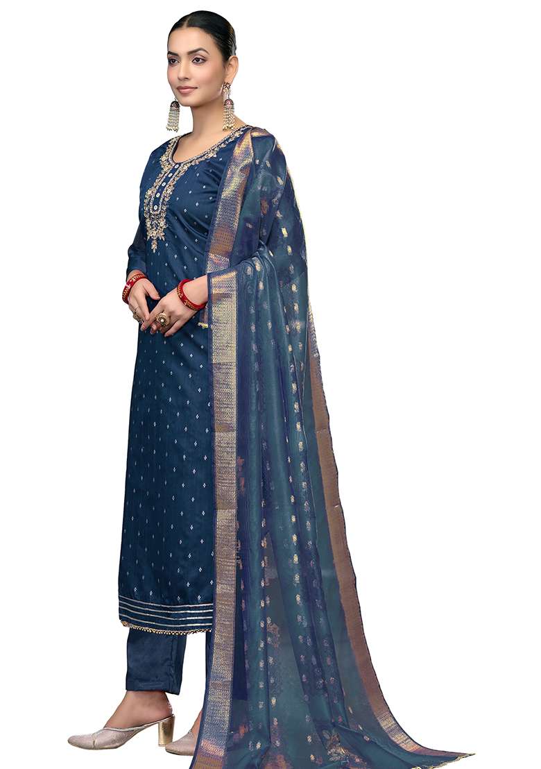 Blue Embroidered Blended Straight Kurta Set - Indya