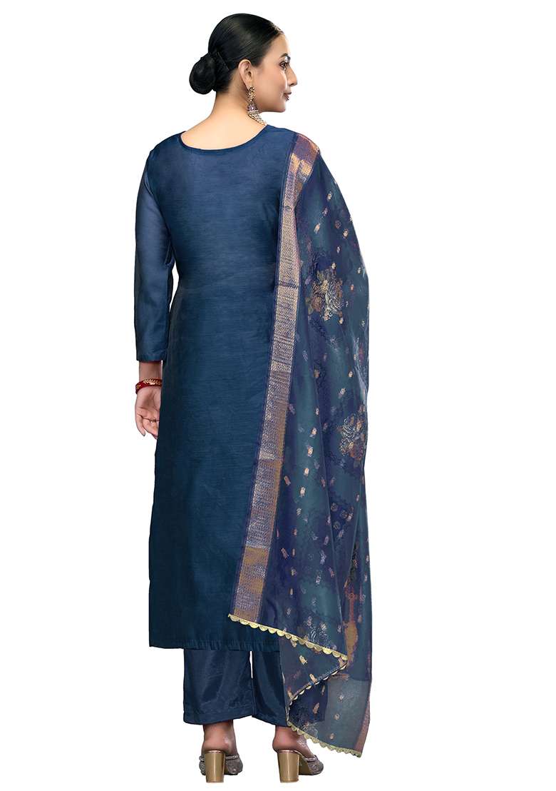 Blue Embroidered Blended Straight Kurta Set - Indya