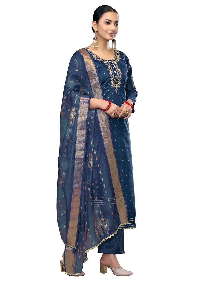 Blue Embroidered Blended Straight Kurta Set - Indya