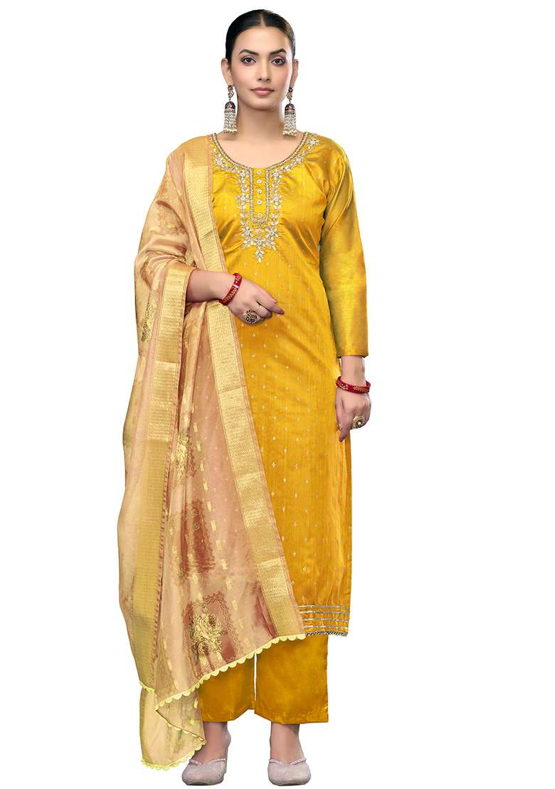 Yellow Embroidered Cotton Blend Dress Material - Indya