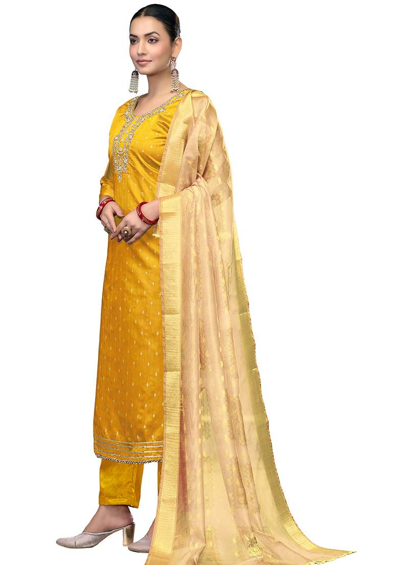 Yellow Embroidered Cotton Blend Dress Material - Indya