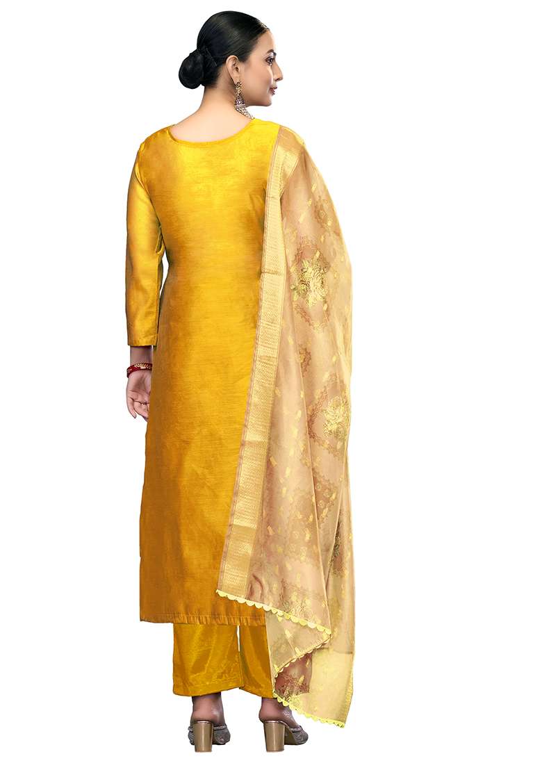 Yellow Embroidered Cotton Blend Dress Material - Indya