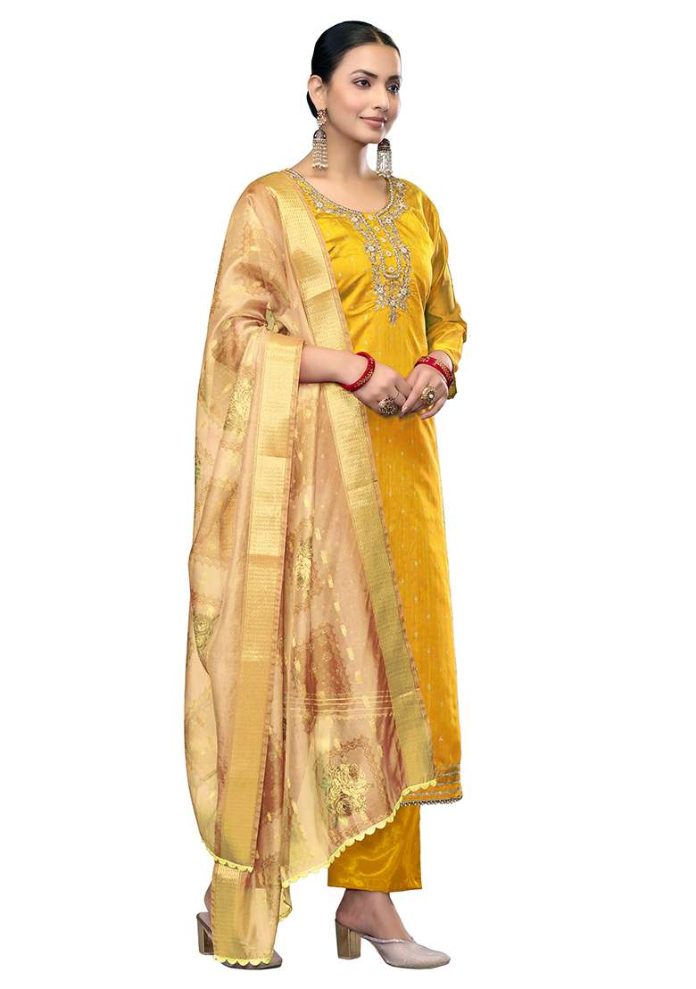Yellow Embroidered Cotton Blend Dress Material - Indya