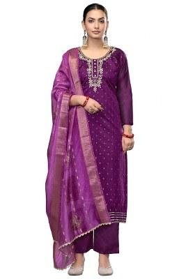 Voilet Embroidered Cotton Blend Dress Material