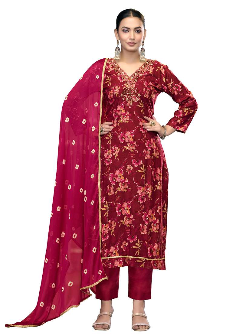 Maroon Embroidered Blended Pakistani Suit Set - Indya