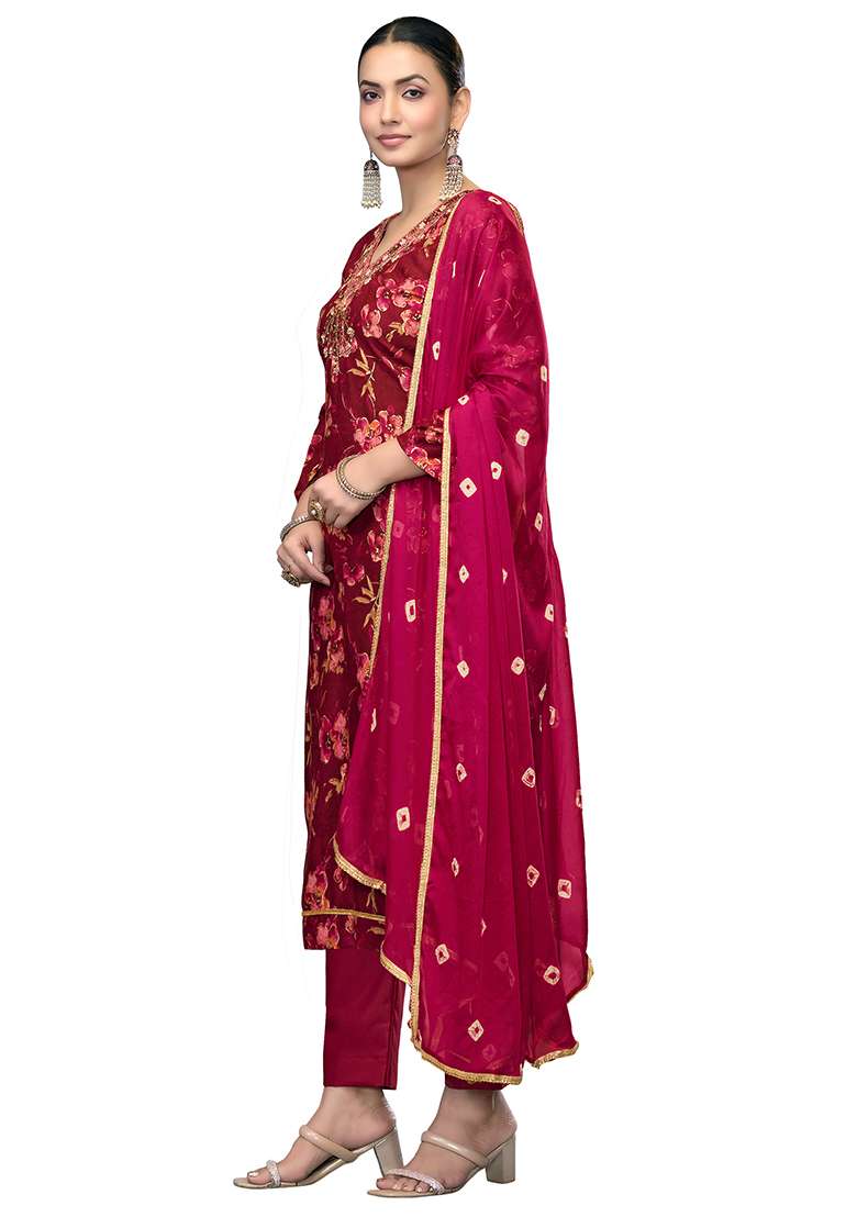 Maroon Embroidered Blended Pakistani Suit Set - Indya