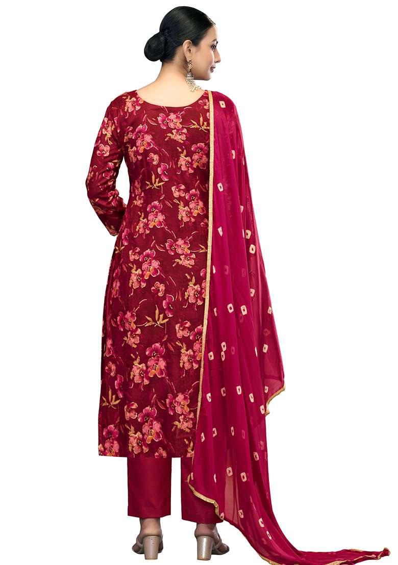 Maroon Embroidered Blended Pakistani Suit Set - Indya