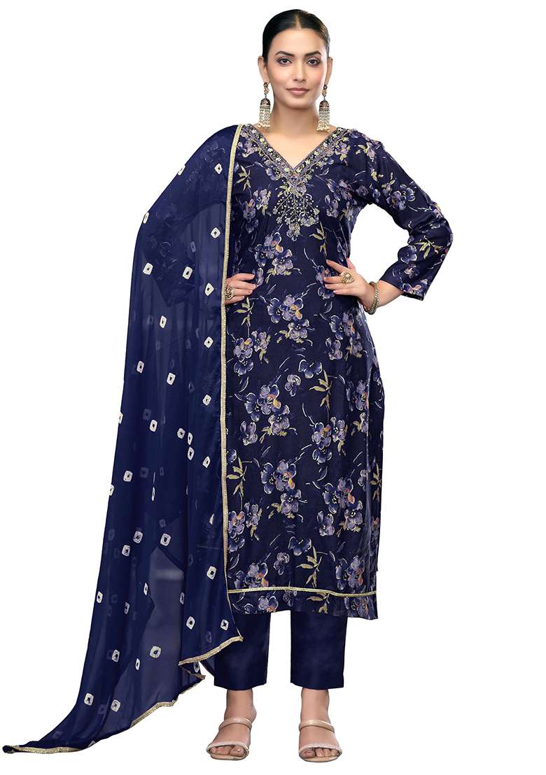 Blue Embroidered Cotton Blend Dress Material - Indya