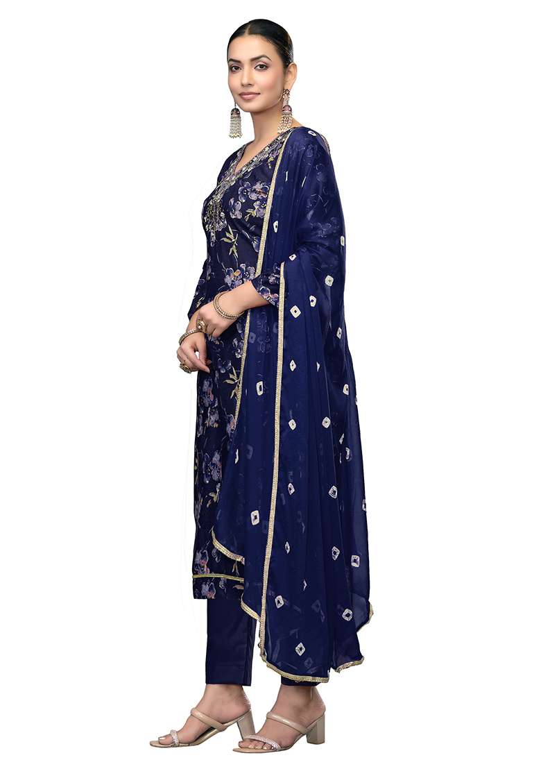 Blue Embroidered Cotton Blend Dress Material - Indya