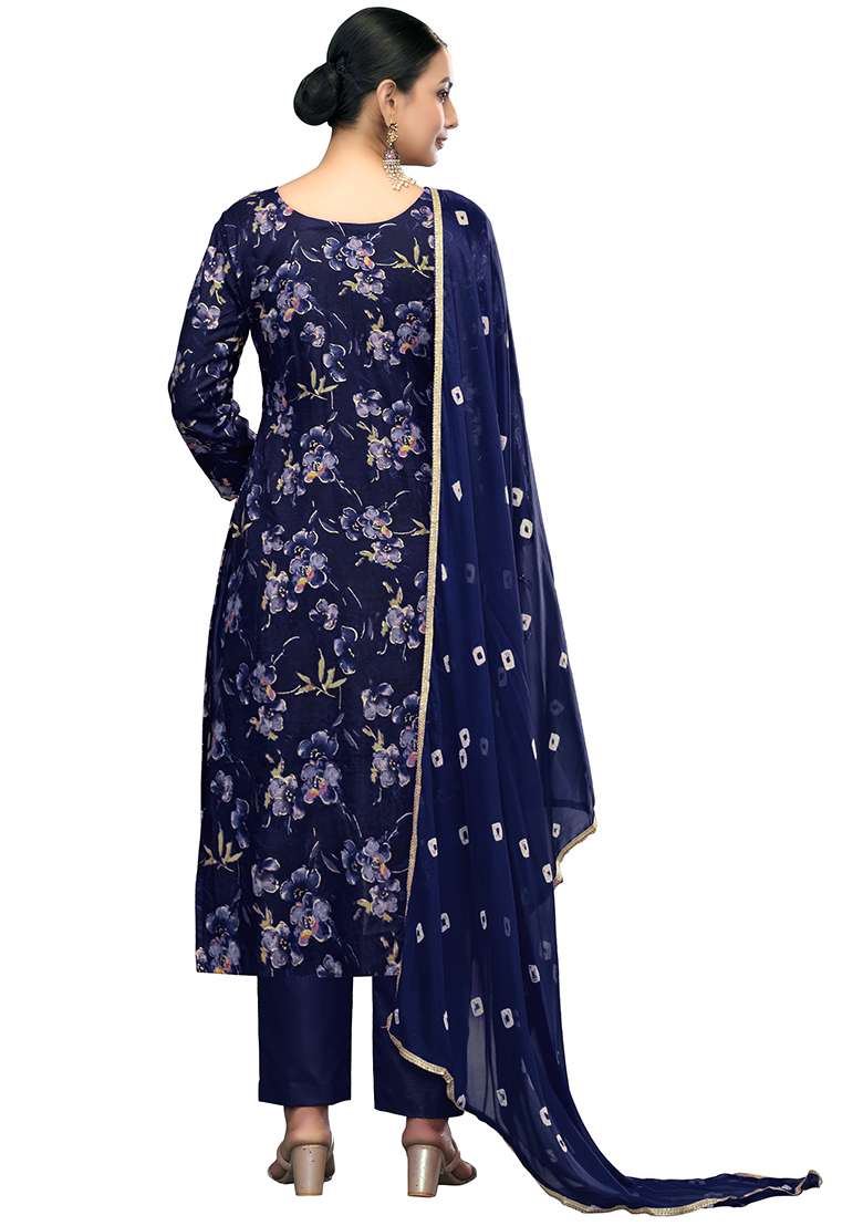 Blue Embroidered Cotton Blend Dress Material - Indya