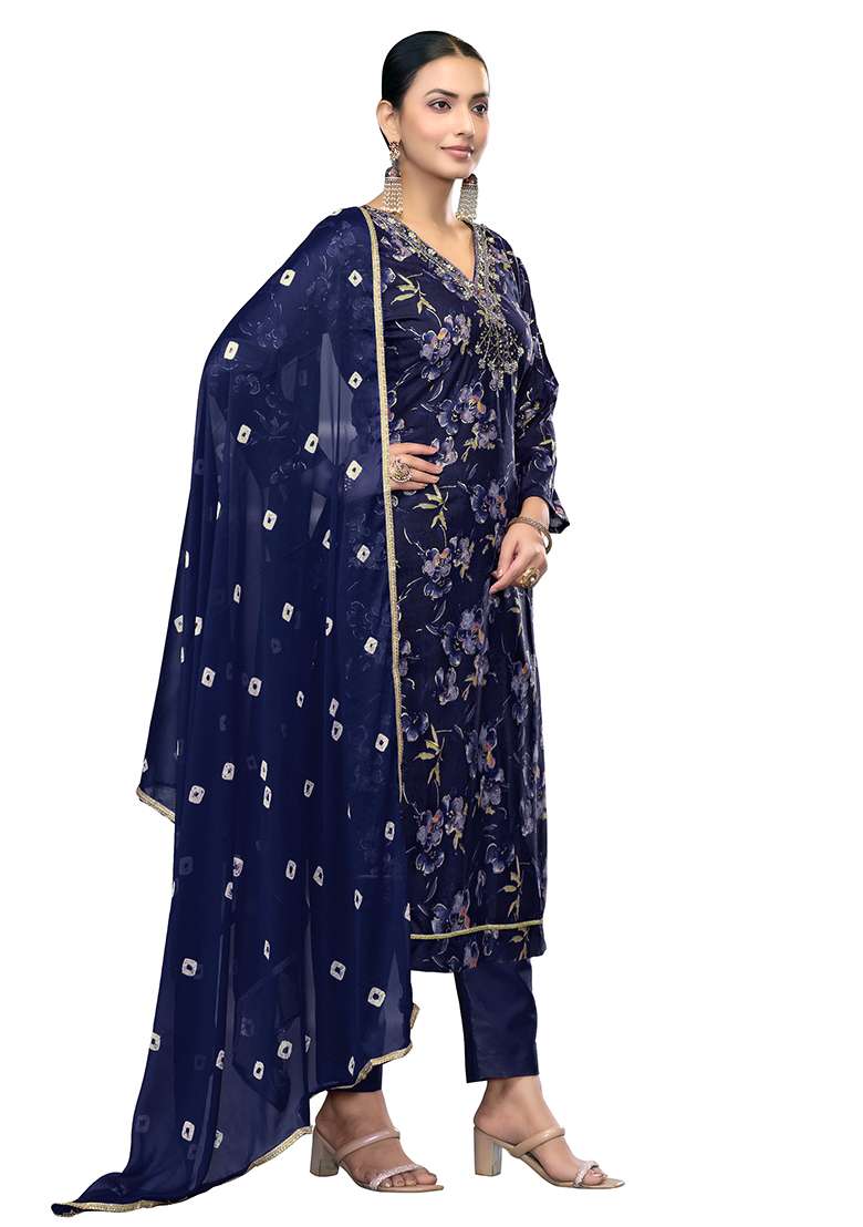 Blue Embroidered Cotton Blend Dress Material - Indya