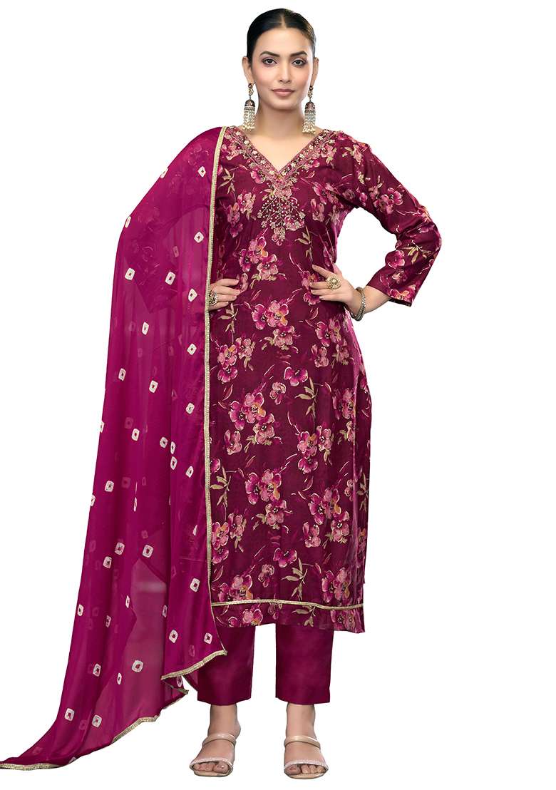 Voilet Embroidered Blended Straight Kurta Set - Indya