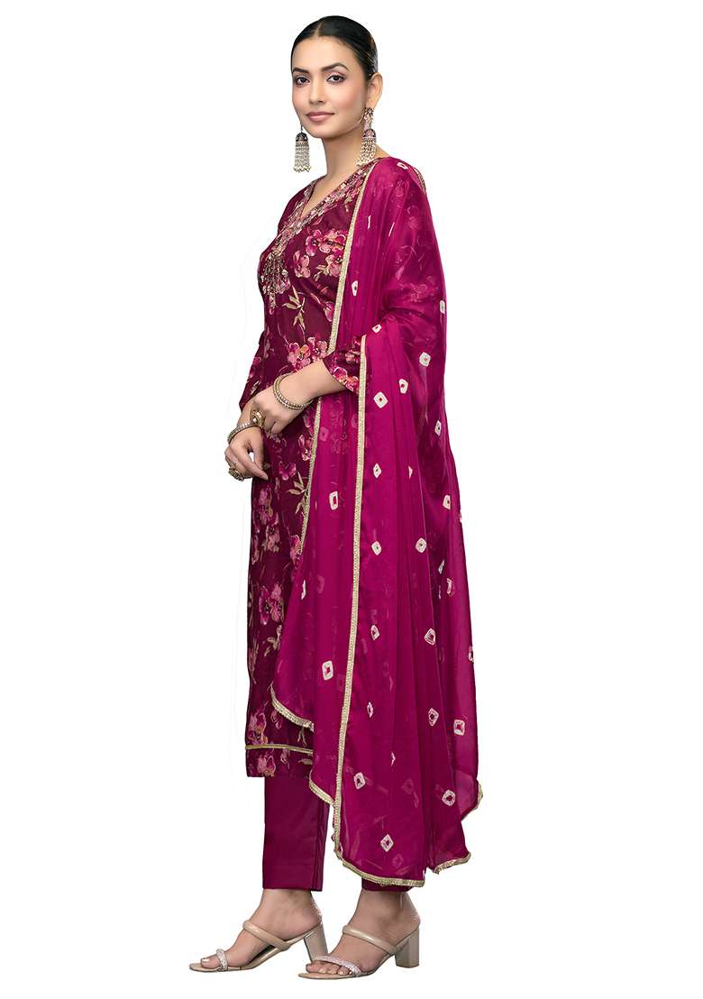 Voilet Embroidered Blended Straight Kurta Set - Indya