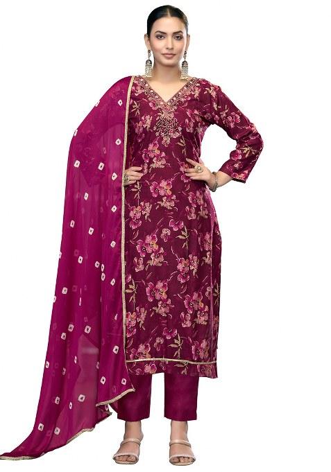 Voilet Embroidered Blended Straight Kurta Set