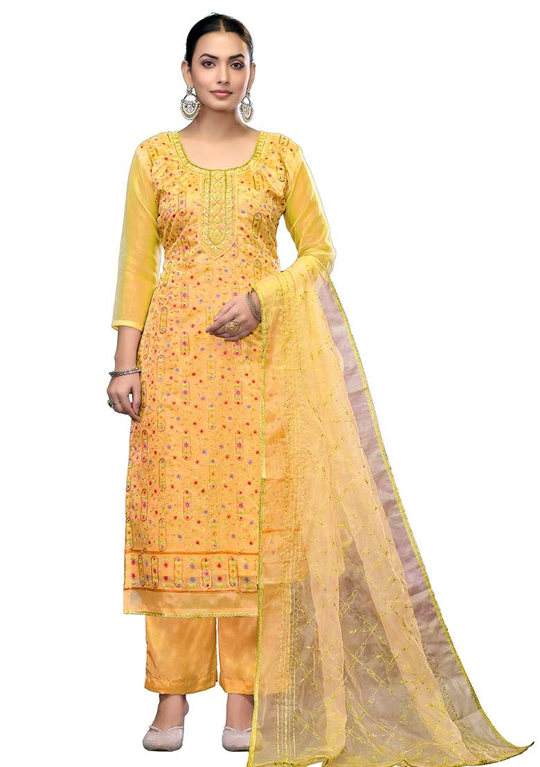 Yellow Embroidered Viscose Dress Material - Indya