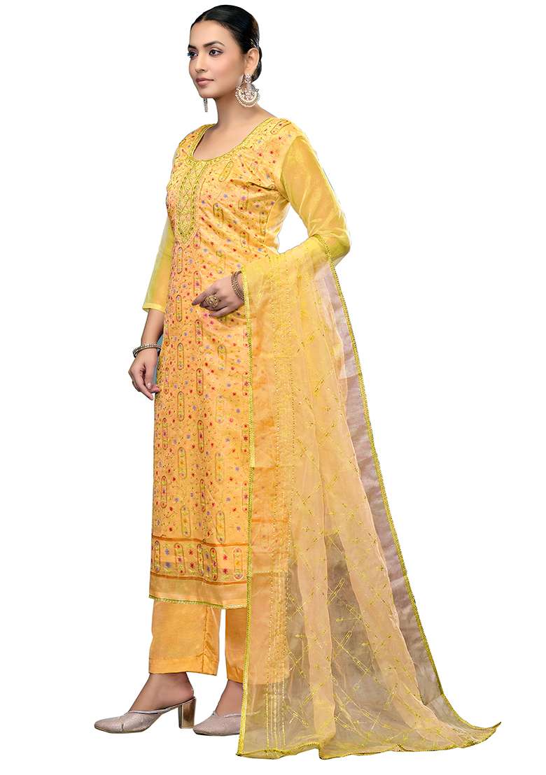 Yellow Embroidered Viscose Dress Material - Indya
