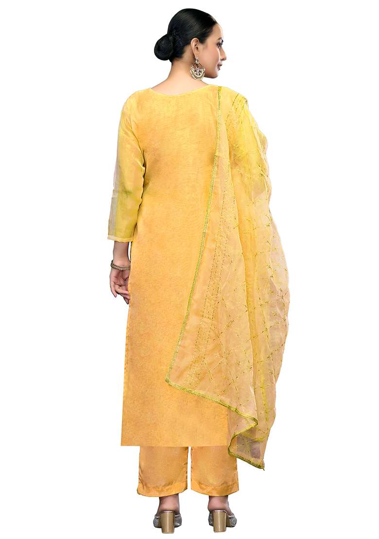 Yellow Embroidered Viscose Dress Material - Indya