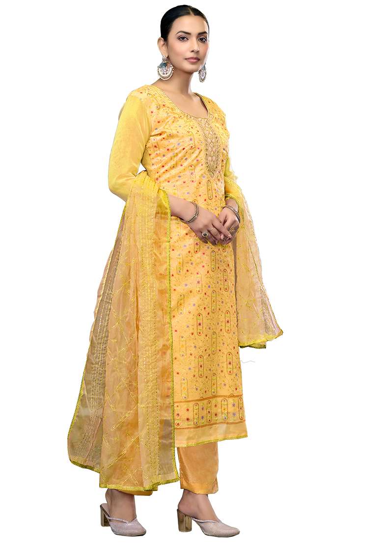 Yellow Embroidered Viscose Dress Material - Indya