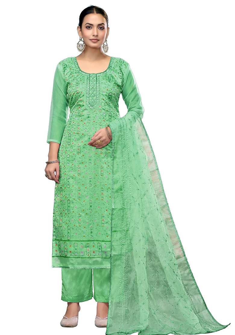 Sea Green Chikankari Viscose Straight Kurta Set - Indya