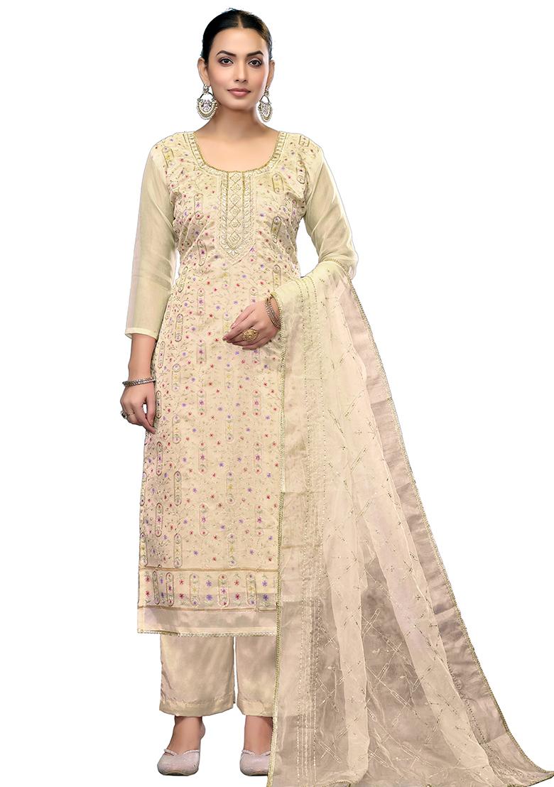 White Embroidered Viscose Dress Material