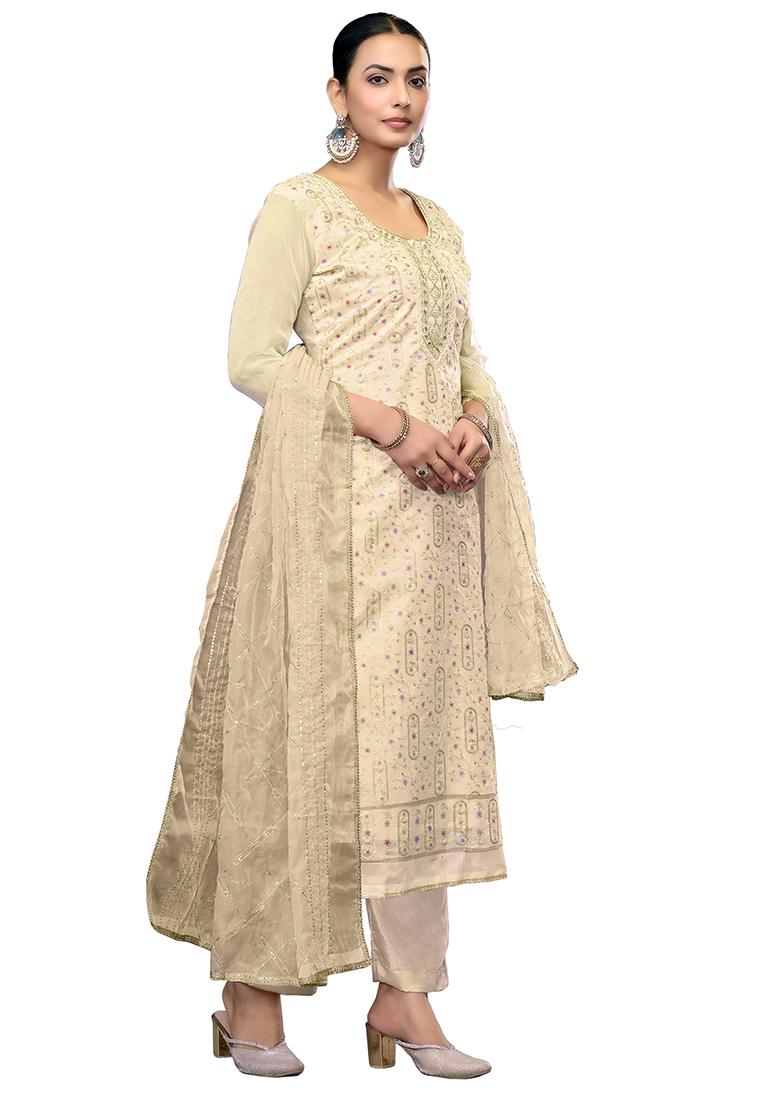 White Embroidered Viscose Dress Material