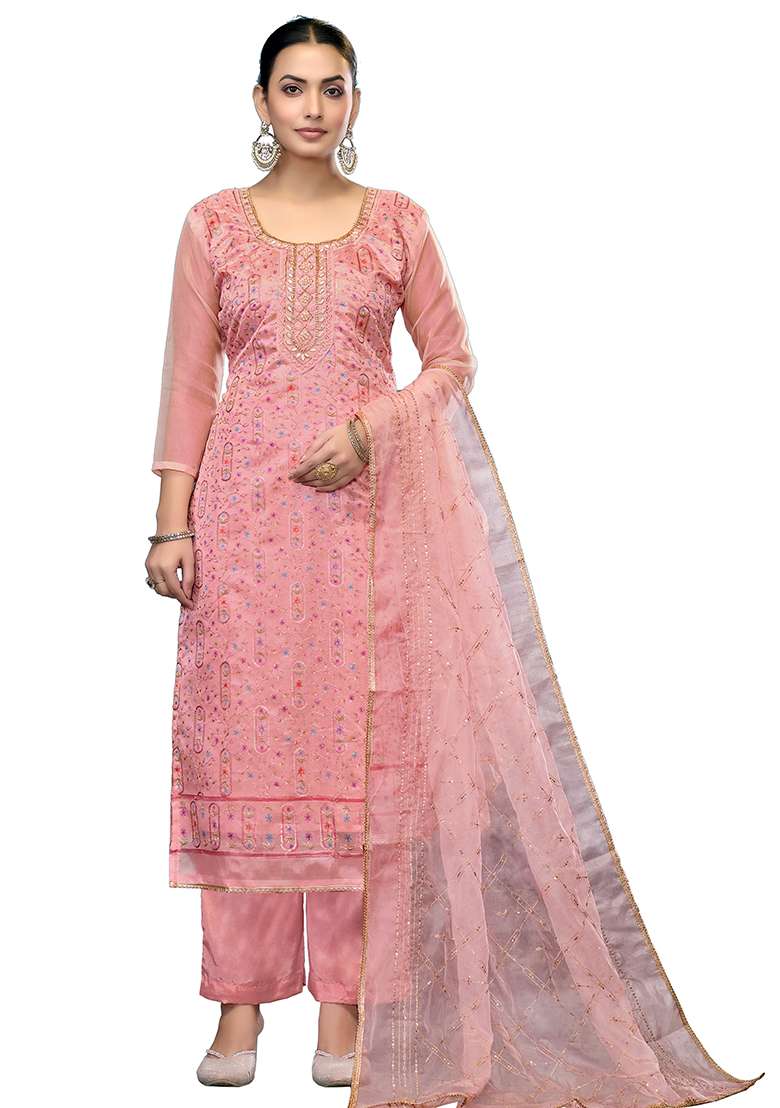 Pink Embroidered Viscose Straight Kurta Set - Indya