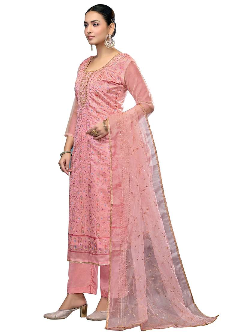 Pink Embroidered Viscose Straight Kurta Set - Indya