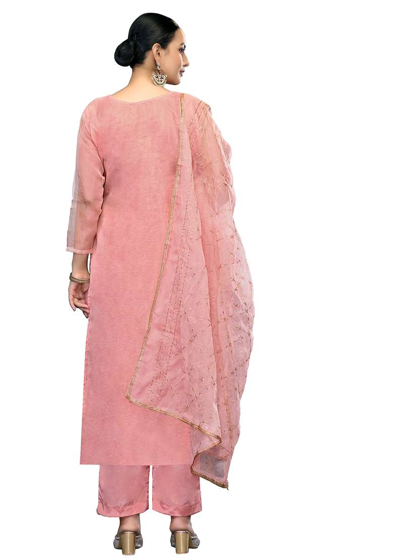 Pink Embroidered Viscose Straight Kurta Set - Indya