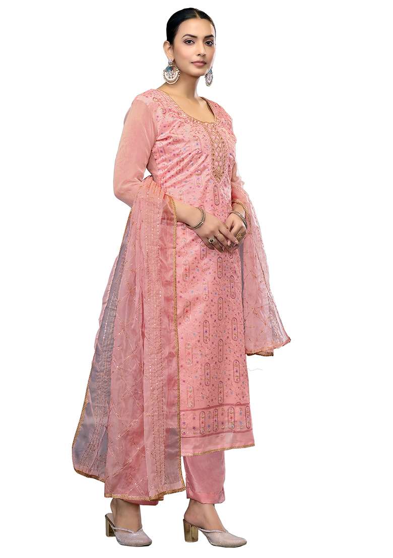 Pink Embroidered Viscose Straight Kurta Set - Indya