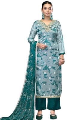 Multicolor Embroidered Oragnza Dress Material